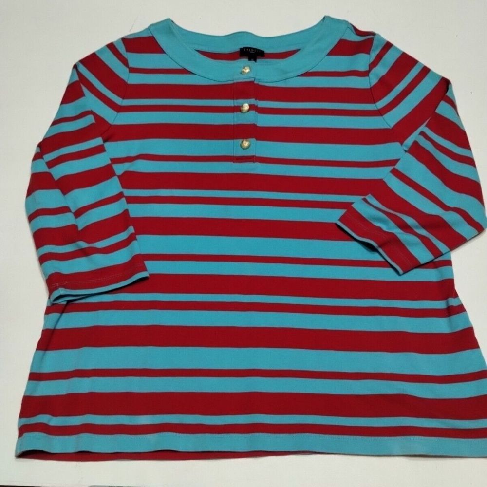 Talbots Women Shirt Plus Size 1X Striped Pattern 3/4 Sleeve Pima Cotton Top Blue